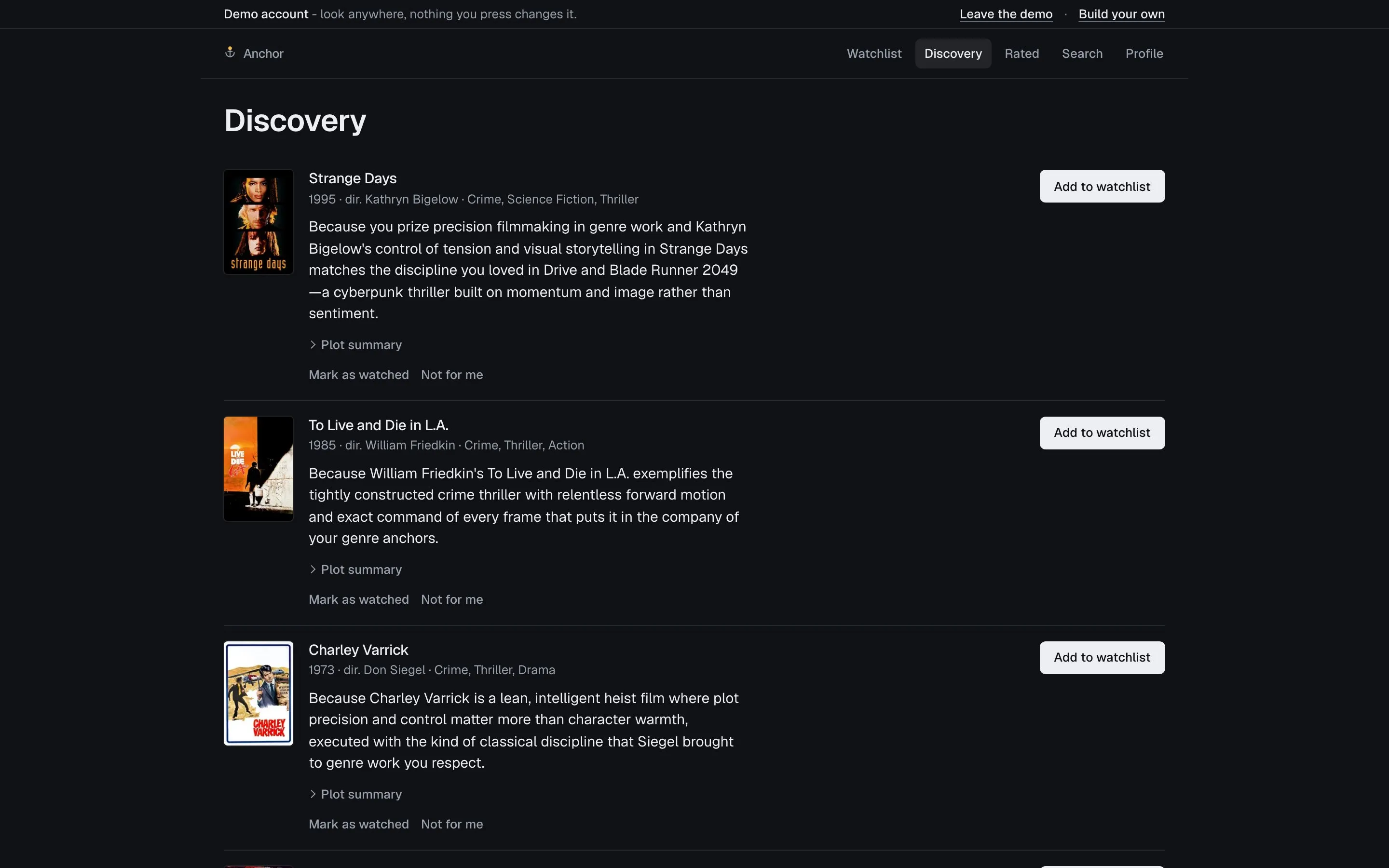 Anchor’s recommendations page in dark mode: three films the demo account has not seen, each with its poster, director, genres, and a sentence tying the pick to films the user rated highly