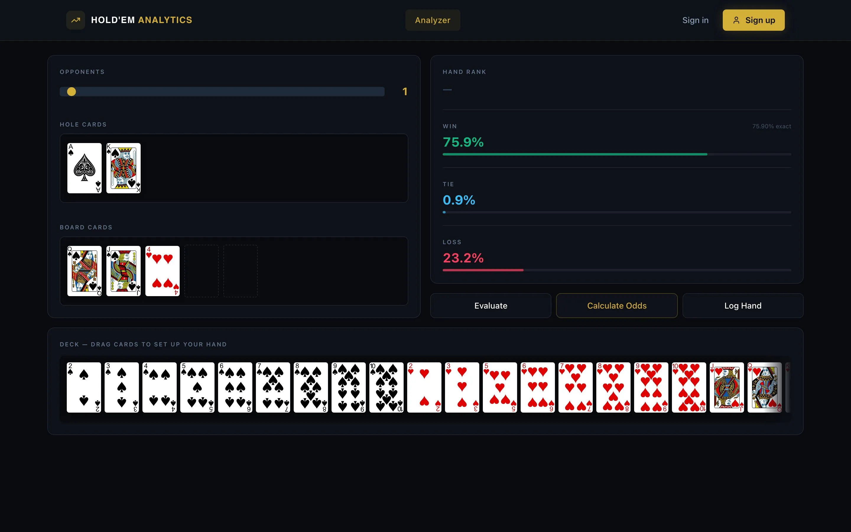 Hold’Em Analytics’ analyzer in dark mode: the ace and king of spades as hole cards, the queen and jack of spades and the four of hearts on the board, and the results panel estimating a 75.9% chance to win against one opponent